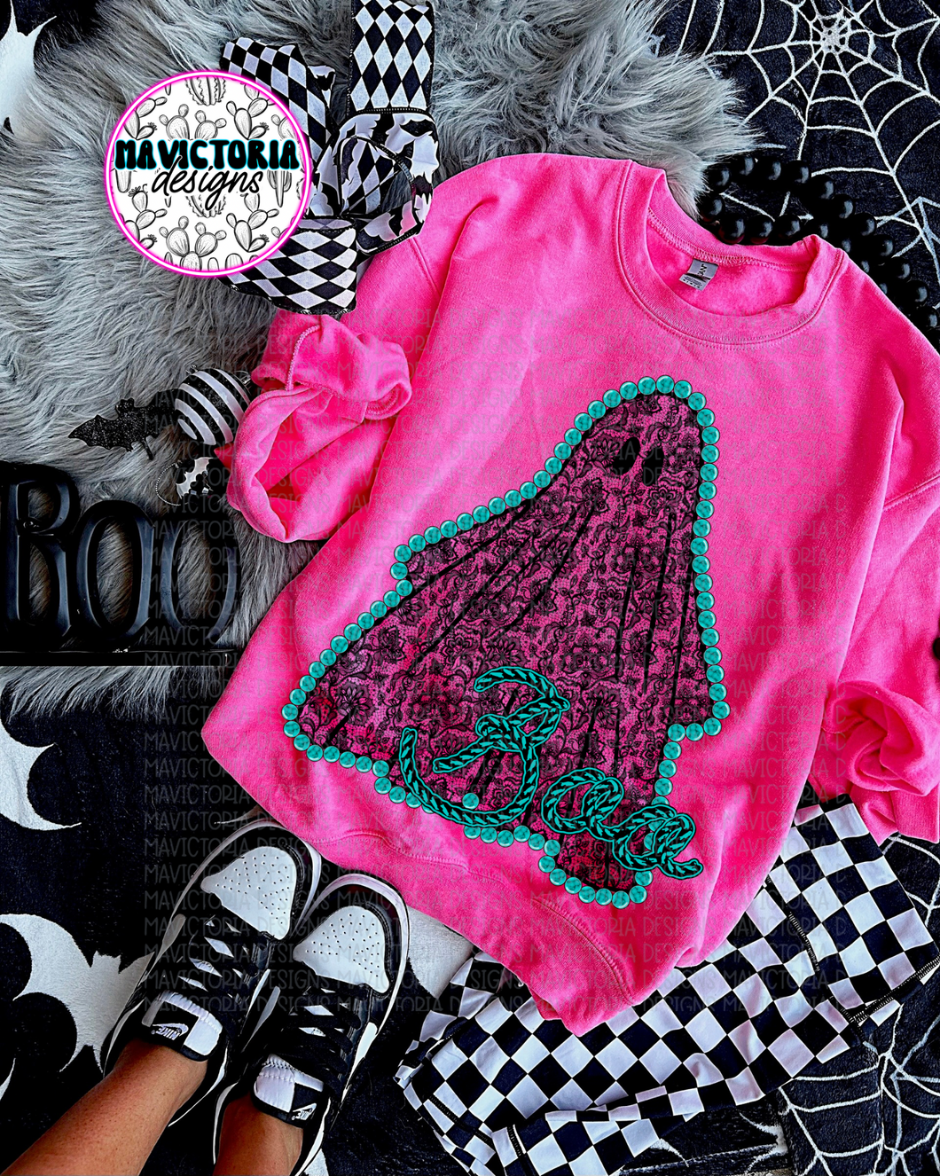 Black lace ghost with turquoise on NEON PINK hoodie, crewneck, long sleeve or tee - Mavictoria Designs Hot Press Express