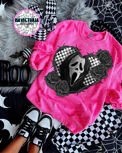 Checkered heart ghostface SCREAM on NEON PINK hoodie, crewneck, long sleeve or tee - Mavictoria Designs Hot Press Express
