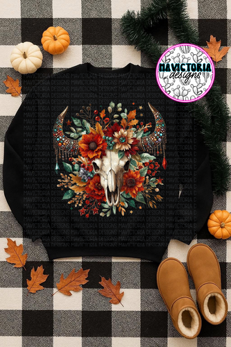 Rhinestone fall floral bullskull bull skull on black hoodie, crewneck, long sleeve or tee - Mavictoria Designs Hot Press Express
