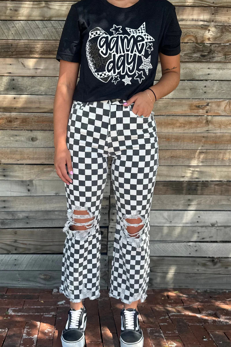 ROUND THE TRACK CHECKERED JEANS (preorder only arrives in October) - Mavictoria Designs Hot Press Express