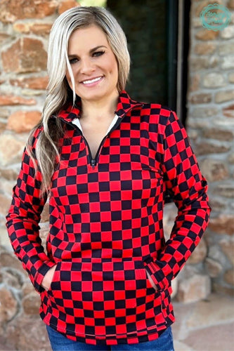 Red and black checkered quarter zip with front pocket PREORDER - Mavictoria Designs Hot Press Express