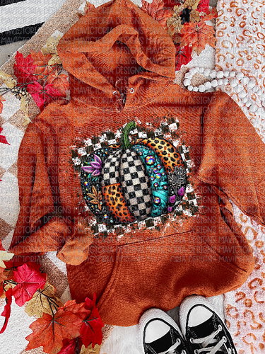 Patchwork pumpkin on autumn hoodie, crewneck, long sleeve or graphic tee - Mavictoria Designs Hot Press Express