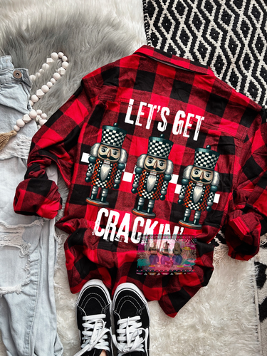 LETS GET CRACKIN funny nutcracker christmas Red buffalo plaid button up flannel men’s fit - Mavictoria Designs Hot Press Express