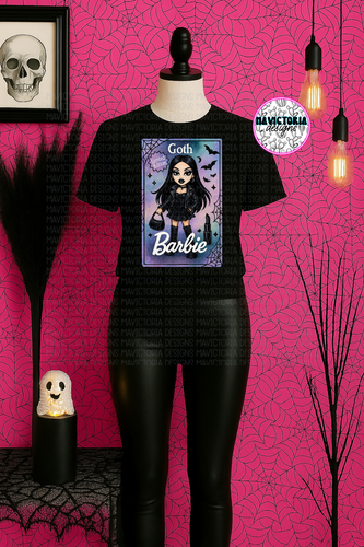 GOTH BARBIE on black hoodie, crewneck, long sleeve or tee - Mavictoria Designs Hot Press Express