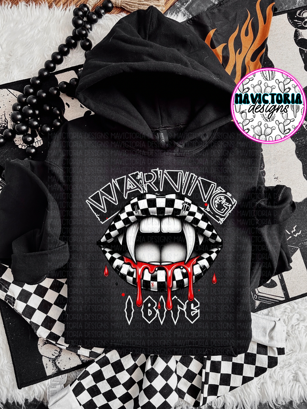 Warning I bite checkered lips on black hoodie , crewneck, long sleeve or tee