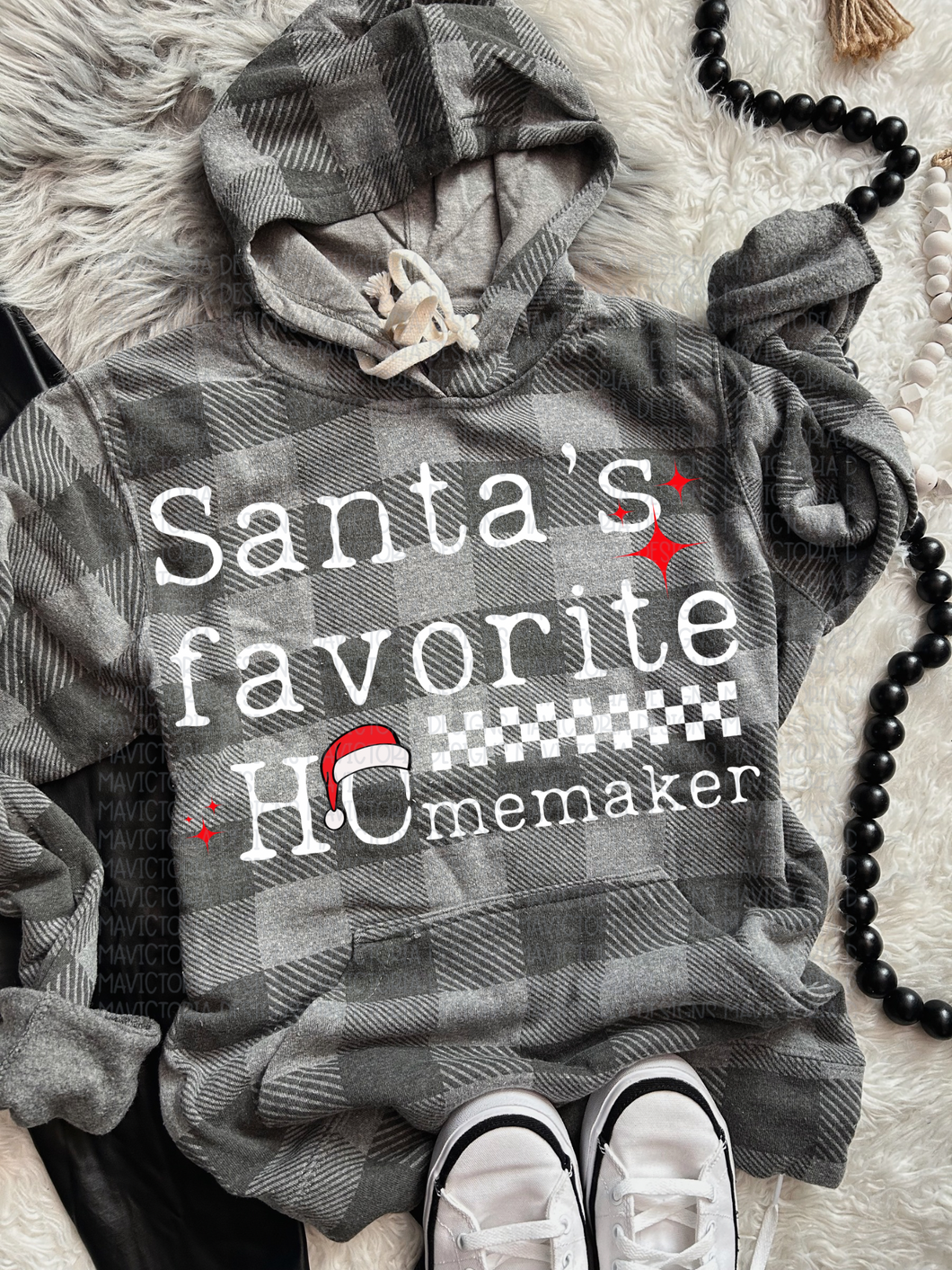 Santa’s favorite HOmemaker funny Christmas BLACK AND GREY BUFFALO PLAID HOODIE - Mavictoria Designs Hot Press Express