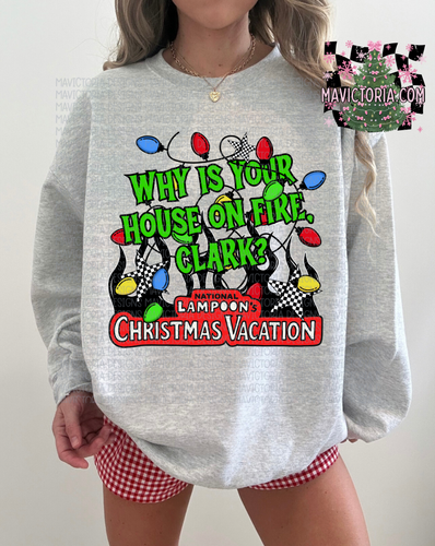 Why is your house on fire, Clark? On grey hoodie, crewneck, long sleeve or graphic tee - Mavictoria Designs Hot Press Express