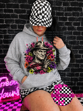 Load image into Gallery viewer, Floral neon horror collection on grey hoodie, crewneck, long sleeve or graphic tee
