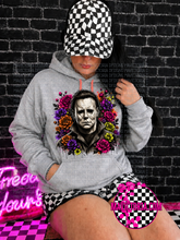 Load image into Gallery viewer, Floral neon horror collection on grey hoodie, crewneck, long sleeve or graphic tee
