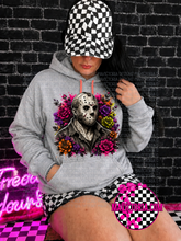 Load image into Gallery viewer, Floral neon horror collection on grey hoodie, crewneck, long sleeve or graphic tee

