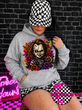 Load image into Gallery viewer, Floral neon horror collection on grey hoodie, crewneck, long sleeve or graphic tee
