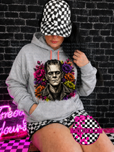 Load image into Gallery viewer, Floral neon horror collection on grey hoodie, crewneck, long sleeve or graphic tee
