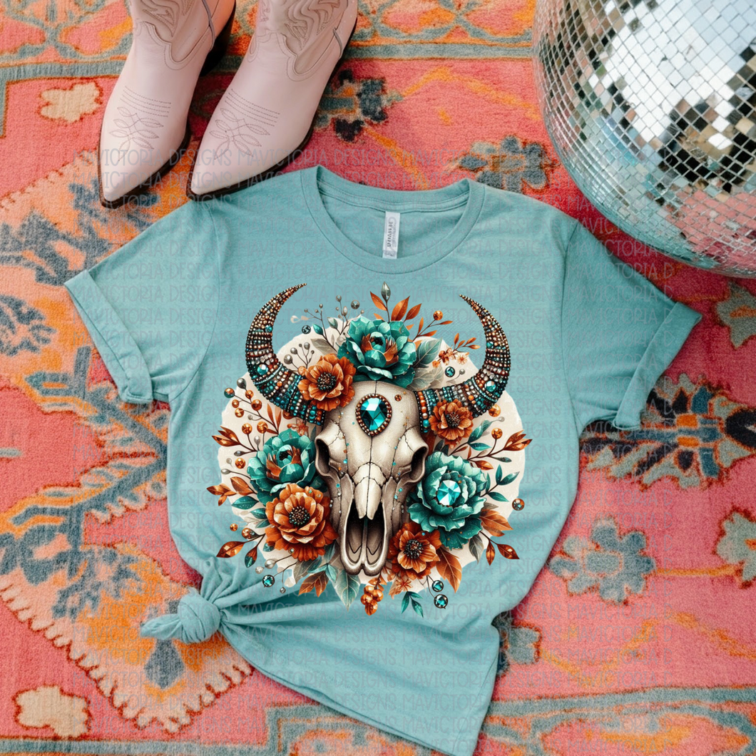 Floral bullskull on mint hoodie, crewneck, long sleeve or graphic tee - Mavictoria Designs Hot Press Express