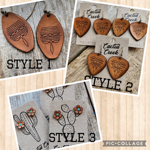 Genuine hand tooled leather earrings boot stitch and floral PREORDER READ DESCRIPTION - Mavictoria Designs Hot Press Express