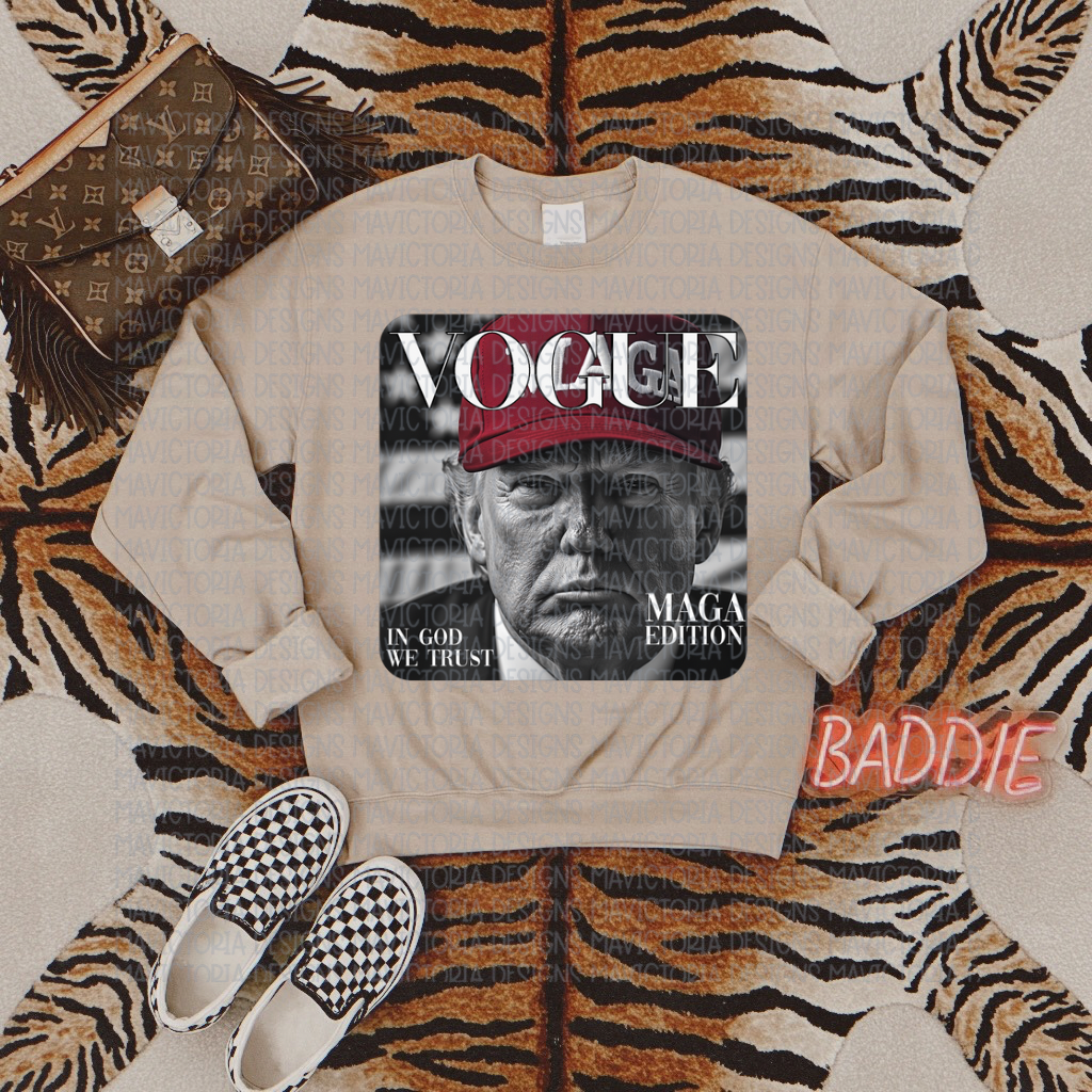 VOGUE TRUMP EDITION on sand hoodie, crewneck, long sleeve or graphic tee - Mavictoria Designs Hot Press Express