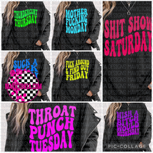 Load image into Gallery viewer, 7 Day of the week graphic tee SET you get all 7 for one price!
