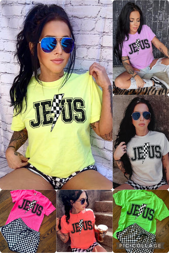 Jesus collection comfort colors graphic tee LEMON VIOLET PINK GREEN CORAL checkered shorts sold separately - Mavictoria Designs Hot Press Express