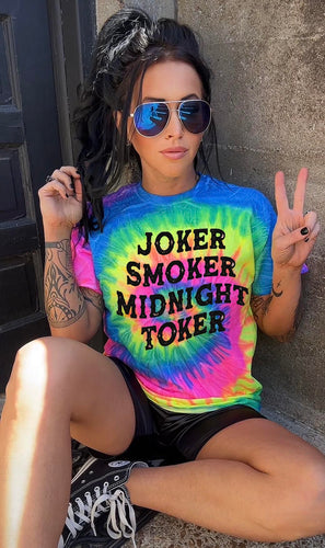 Neon tie dye graphic tee joker smoker midnight toker - Mavictoria Designs Hot Press Express
