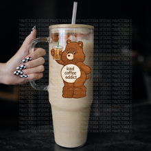 Load image into Gallery viewer, Care Bears iced coffee addict Cocoa brown bleached graphic tee OR clear tumbler OR trucker hat (must purchase separately) - Mavictoria Designs Hot Press Express
