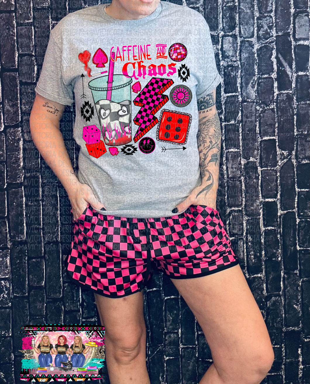 Caffeine and chaos on grey hoodie, crewneck, long sleeve or tee - Mavictoria Designs Hot Press Express