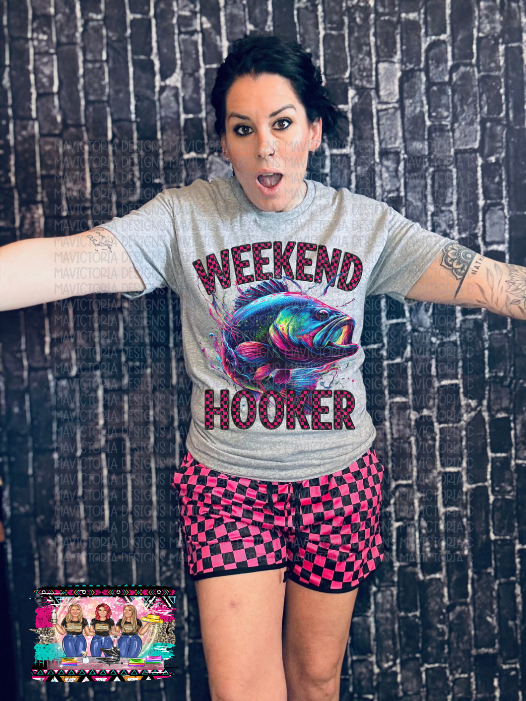 Pink and black checkered WEEKEND HOOKER on TEE, LONG SLEEVE, CREWNECK SWEATSHIRT OR HOODIE // SHORTS AVAILABLE SEPARATELY - Mavictoria Designs Hot Press Express