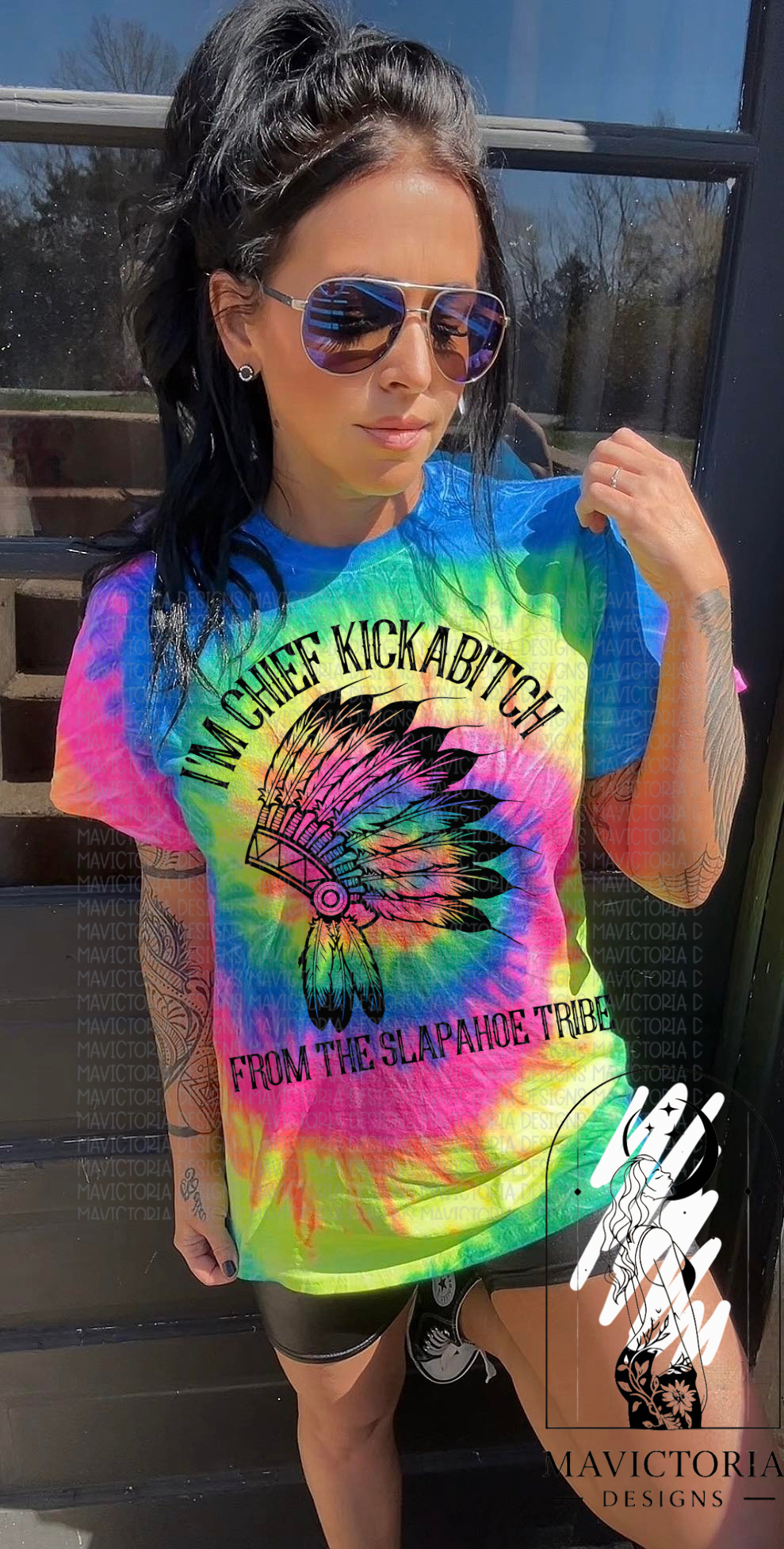 Neon tie dye graphic tee funny I’m chief kickabitch from the slapahoe tribe - Mavictoria Designs Hot Press Express