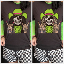 Load image into Gallery viewer, Neon green skellie cowgirl in blonde and brunette // neon green mesh long sleeve // checkered shorts sold separately - Mavictoria Designs Hot Press Express
