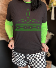Load image into Gallery viewer, Black Comfort Color with NEON BOOT STITCH graphic tees // checkered shorts available separately - Mavictoria Designs Hot Press Express
