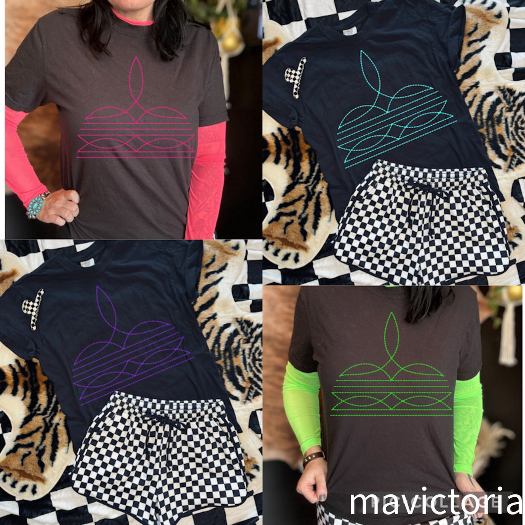 Black Comfort Color with NEON BOOT STITCH graphic tees // checkered shorts available separately - Mavictoria Designs Hot Press Express
