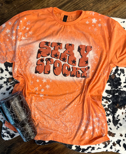 Bleached stay spooky added bleached star sleeves graphic tee - Mavictoria Designs Hot Press Express