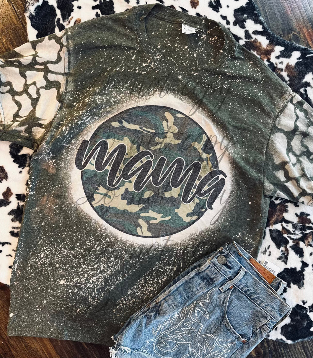 Bleached camo mama with bleached sleeves graphic tee - Mavictoria Designs Hot Press Express
