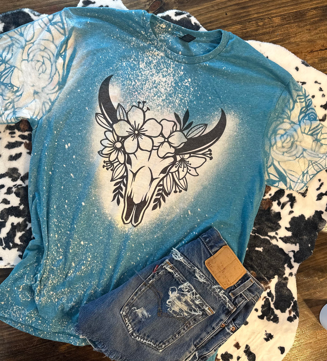 Bull skull roses/ bleached sleeves graphic tee - Mavictoria Designs Hot Press Express