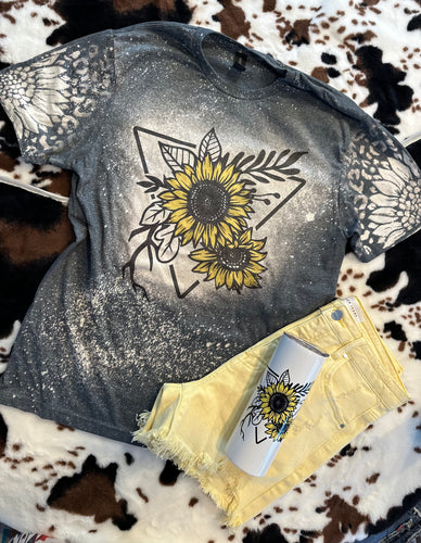 Boho bleached sunflower with bleached sleeves graphic tee - Mavictoria Designs Hot Press Express