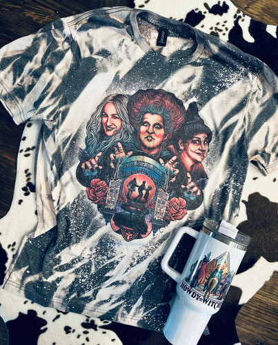 Bleached tie dye hocus pocus Sanderson sisters old burial hill graphic tee or sweatshirt - Mavictoria Designs Hot Press Express