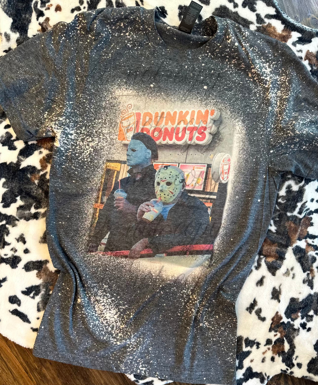 Charcoal bleached Dunkin’ Donuts Michael Myers and Jason graphic tee or sweatshirt - Mavictoria Designs Hot Press Express