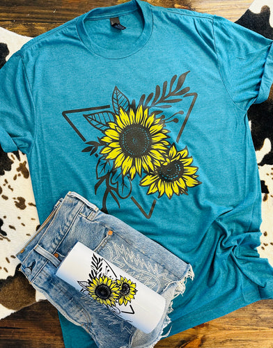 Teal triblend sunflower boho graphic tee - Mavictoria Designs Hot Press Express