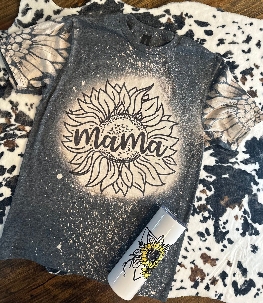 Bleached mama sunflowers with added sunflower sleeves graphic tee - Mavictoria Designs Hot Press Express