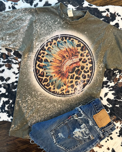 Leopard feather headdress bleached graphic tee - Mavictoria Designs Hot Press Express