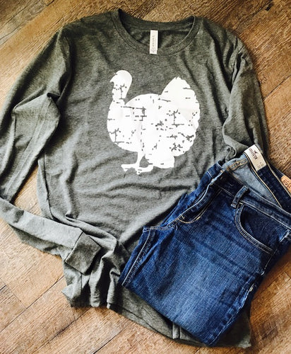 Thanksgiving distressed turkey long sleeve bella canvas shirt. Basic Thanksgiving Shirt. Turkey shirt. - Mavictoria Designs Hot Press Express