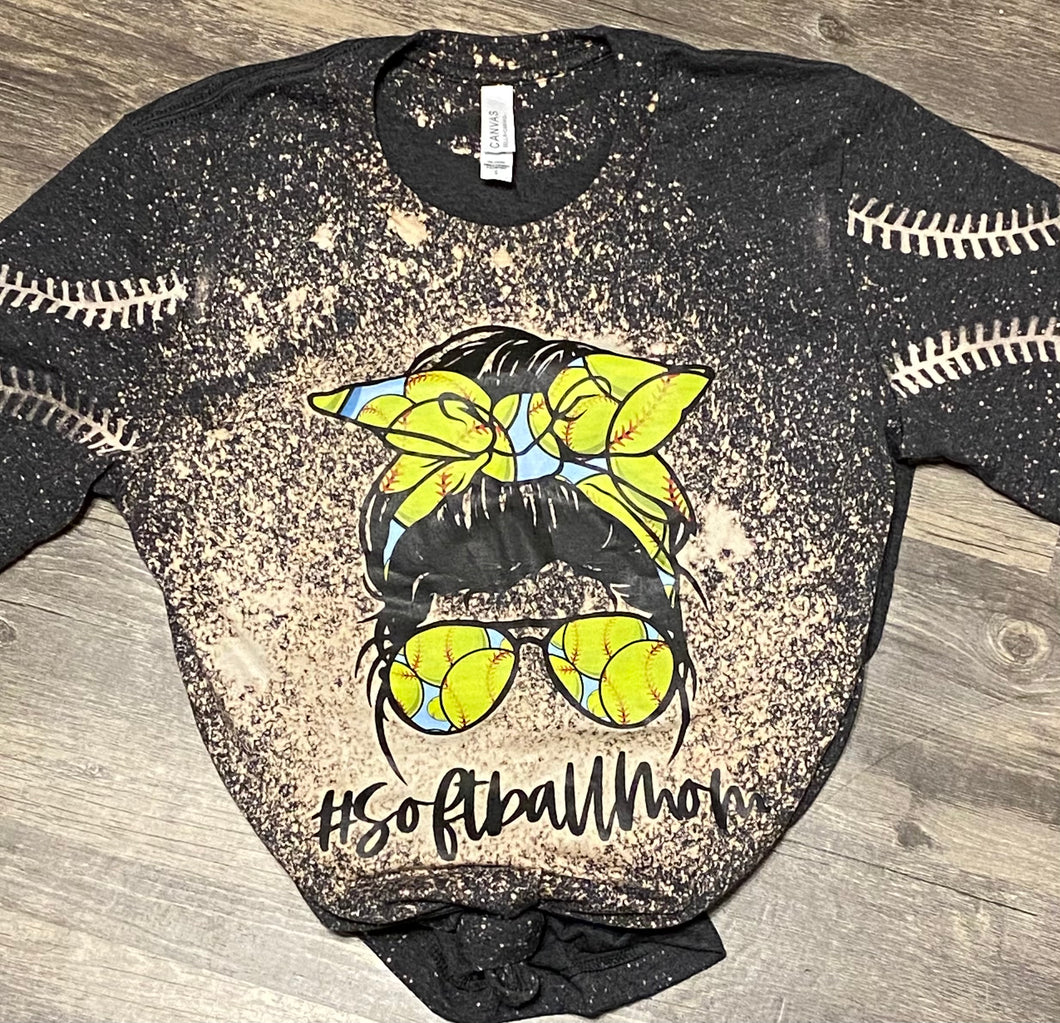 Messy bun softball mom with ball stitch sleeves. Charcoal bleached graphic tee - Mavictoria Designs Hot Press Express