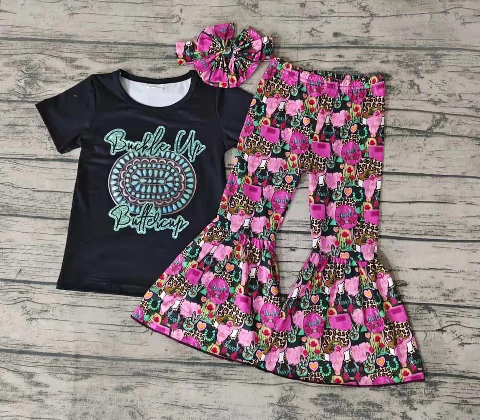 Preorder Black Buckle up buttercup turquoise stone tee with Pink seamless western bells - Mavictoria Designs Hot Press Express
