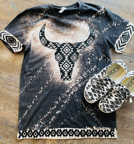 Aztec bull skull Aztec tribal sleeves charcoal bleached graphic tee - Mavictoria Designs Hot Press Express