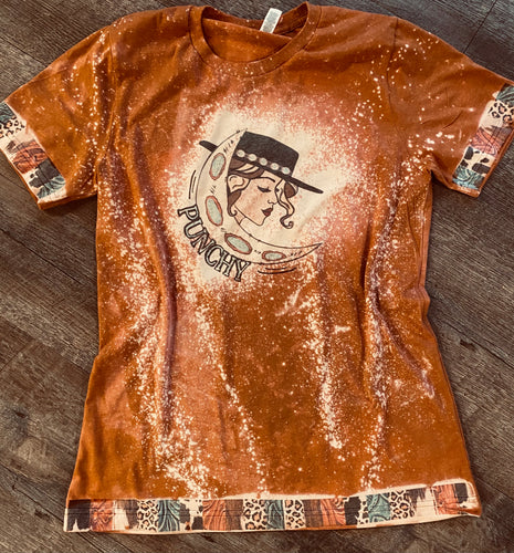 Punchy turquoise moon cowgirl bleached trim autumn bleached graphic tee - Mavictoria Designs Hot Press Express
