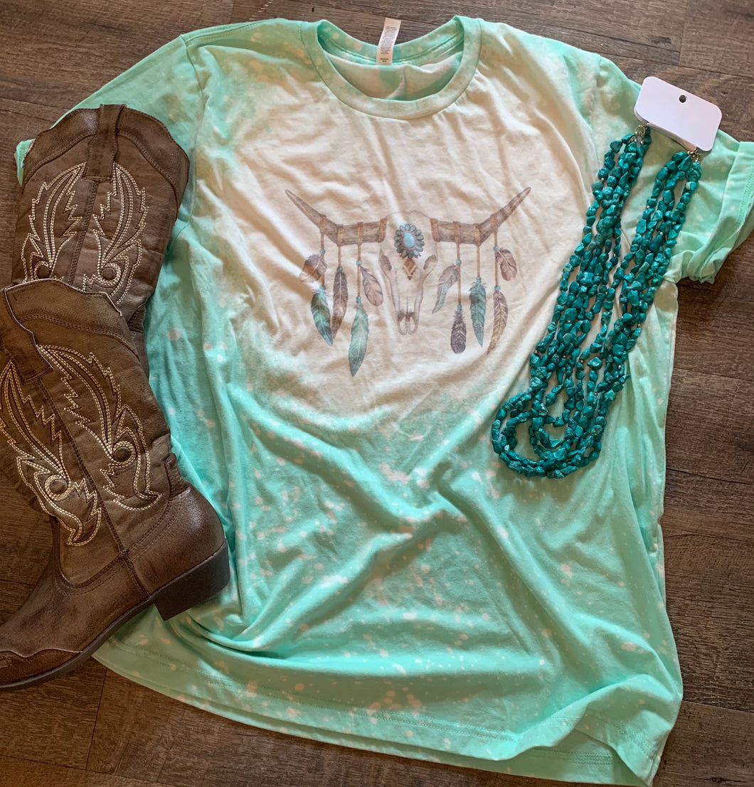 Boho feathered bull skull bleached mint Graphic tee - Mavictoria Designs Hot Press Express