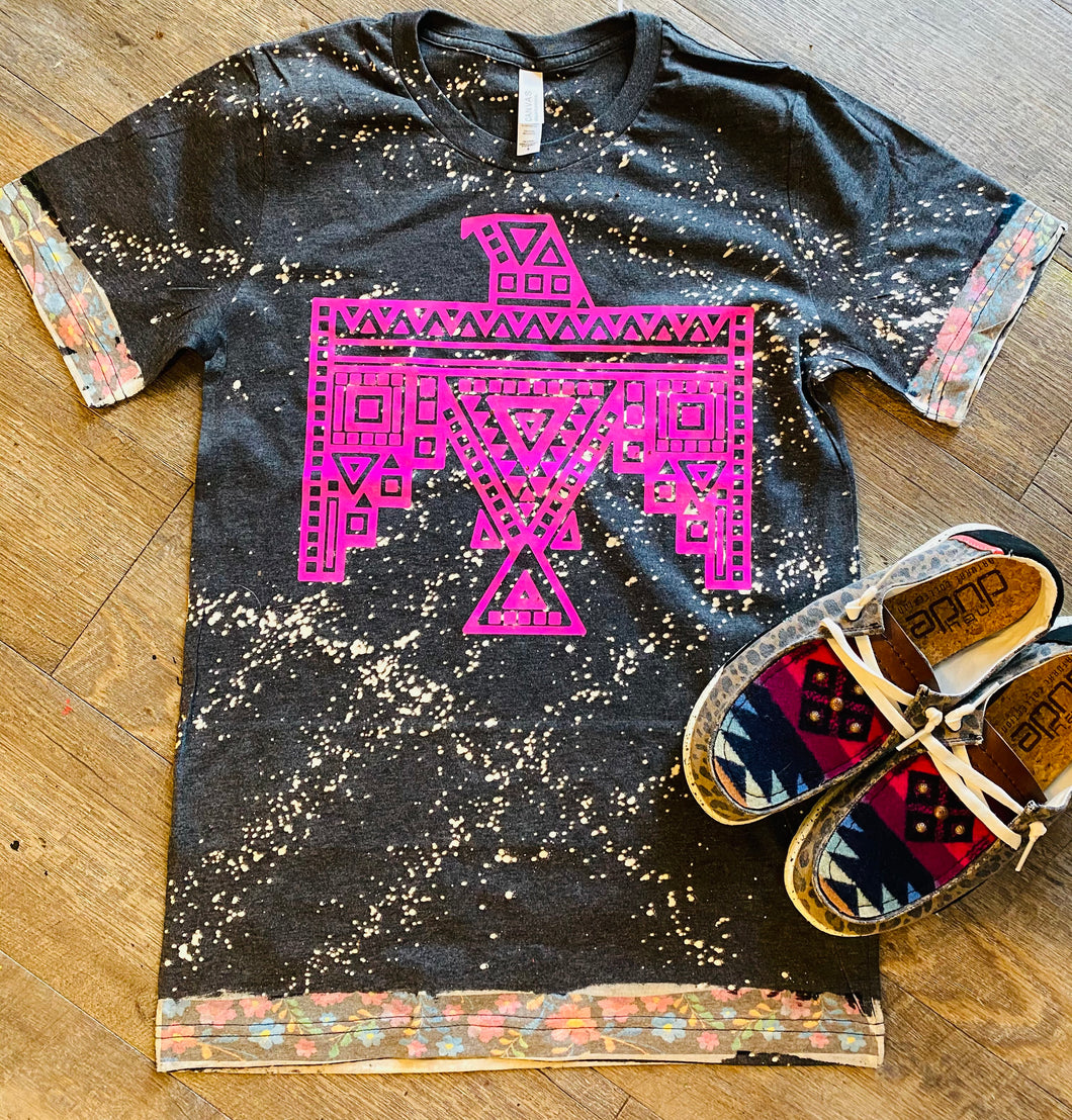 Neon pink Aztec thunderbird bleached trim charcoal bleached graphic tee - Mavictoria Designs Hot Press Express