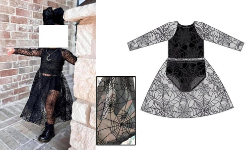 Preorder Long Sleeve Spiderweb Dress Bummie 3pc Set. Halloween. - Mavictoria Designs Hot Press Express