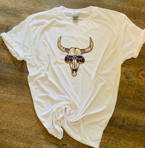 Sunset sunglass reflection bull skull western graphic tee long sleeve crew or hoodie - Mavictoria Designs Hot Press Express