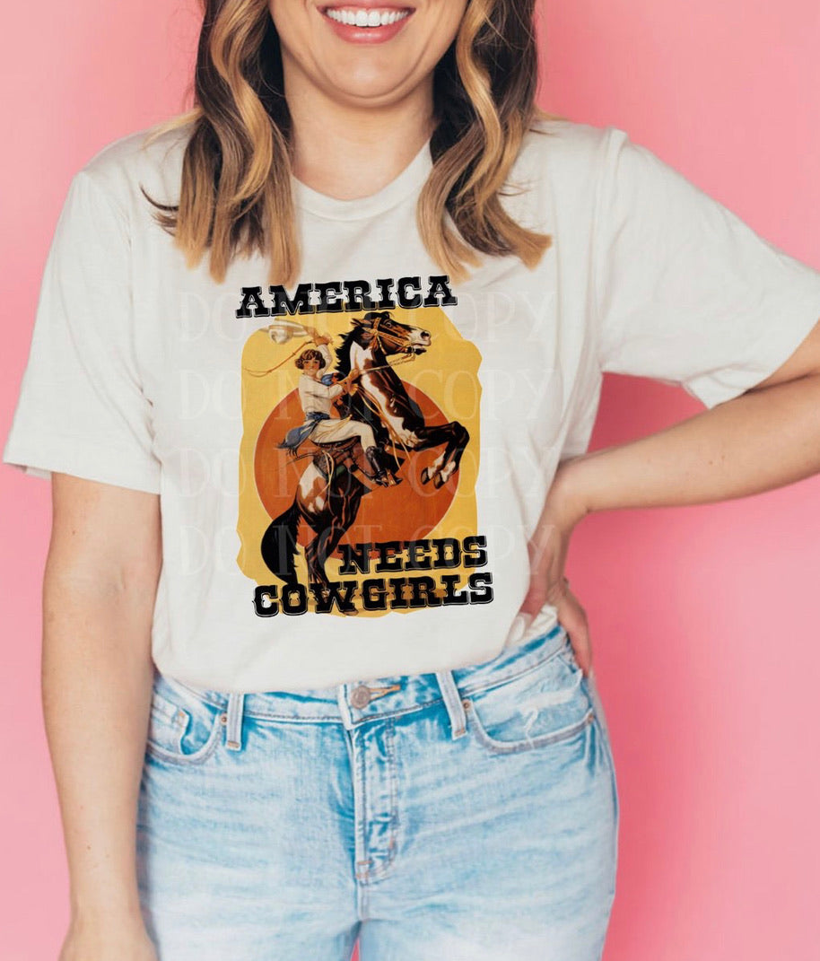 America needs cowgirls graphic tee long sleeve crew or hoodie - Mavictoria Designs Hot Press Express