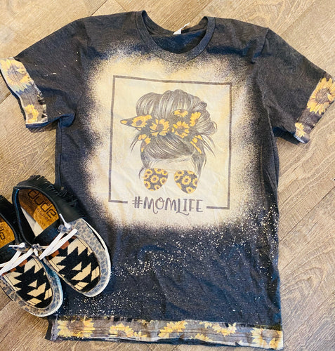 Messy Bun Mom Life Sunflower trim bleached graphic tee - Mavictoria Designs Hot Press Express