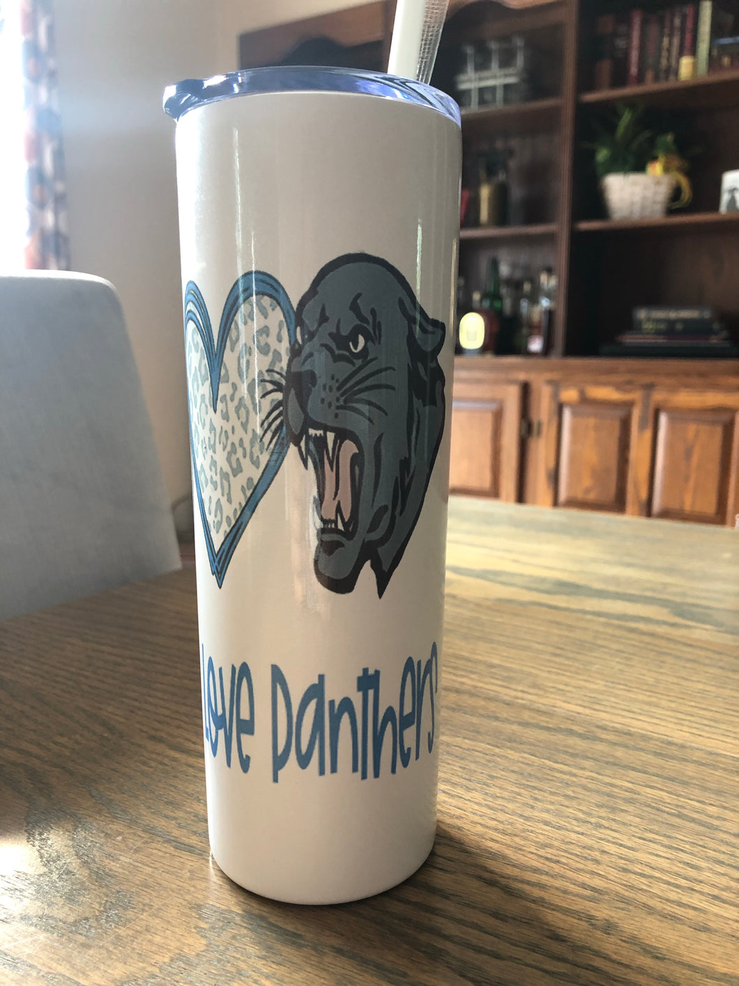 Peace Love Panthers (can be personalized) Glitter tumbler w/straw - Mavictoria Designs Hot Press Express
